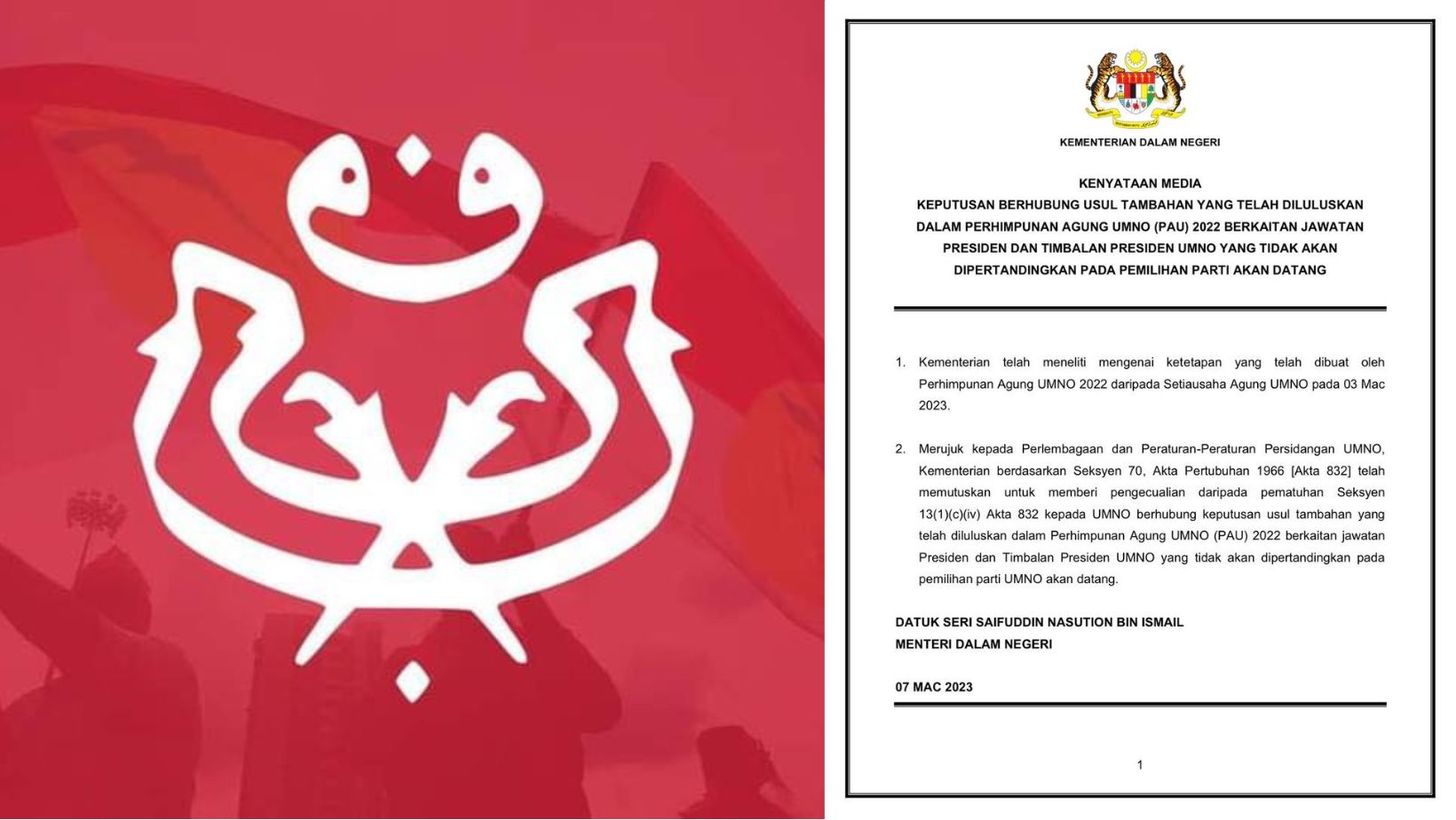 Kdn Lulus Usul Umno Tidak Pertandingkan Dua Jawatan Tertinggi